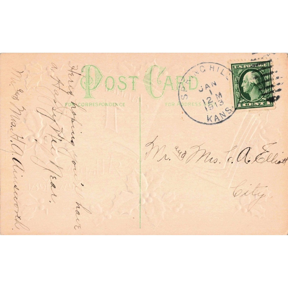 Antique New Year Postcard January 1 Holly Embossed 1913 Spring Hill Kansas VG - Picture 2 of 2